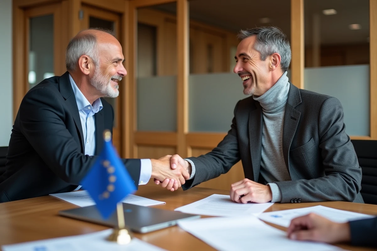 Deux dirigeants d'entreprises européennes signant un accord de crédit commercial international en salle de réunion