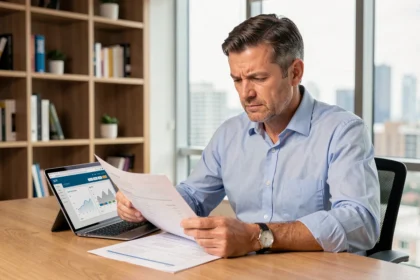 Homme analysant des documents de SCPI en direct depuis son bureau à domicile sans intermédiaire