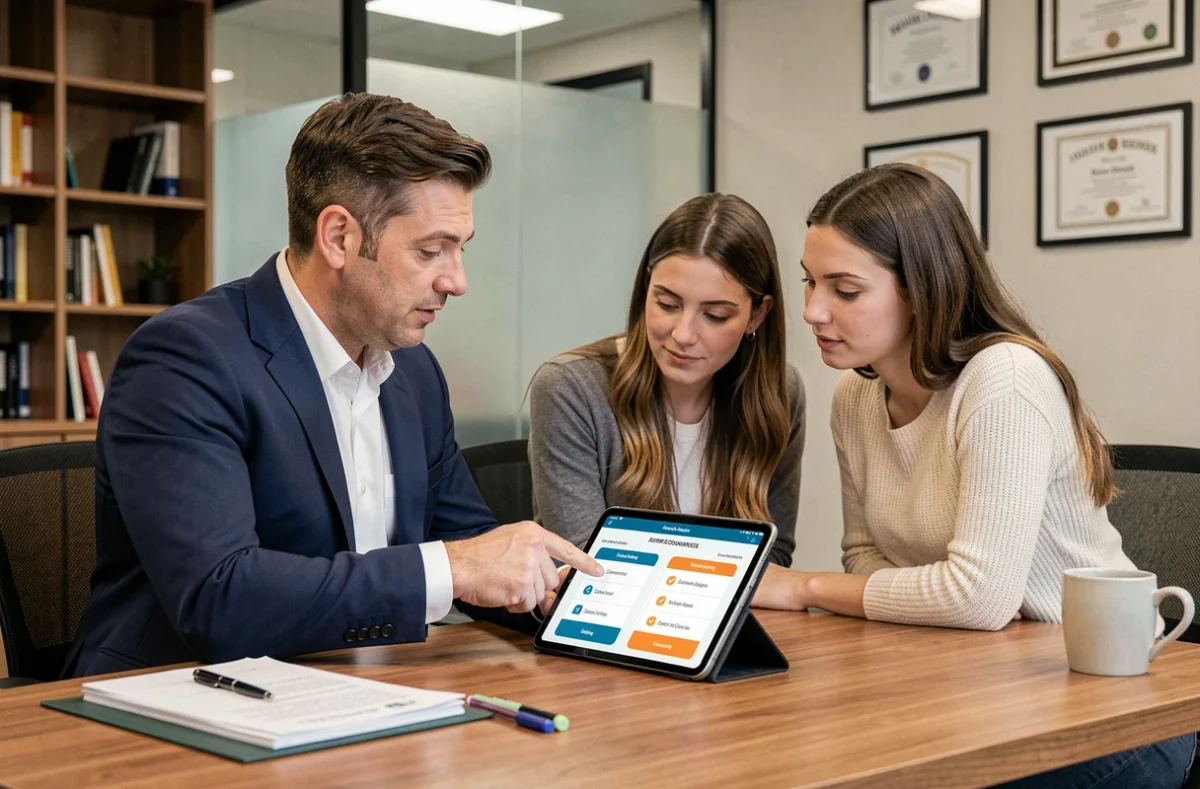 Agent d'assurance présentant les différences entre assurance au tiers et tous risques à un couple dans une agence