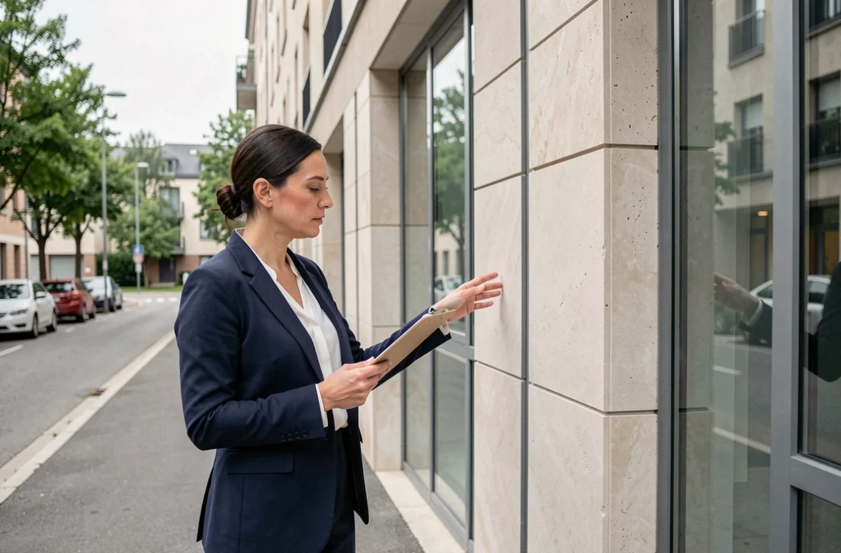 Femme agent immobilier devant un immeuble locatif pour illustrer un investissement Casden