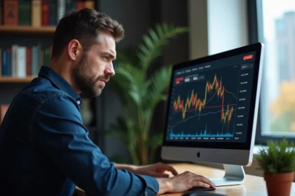 Homme analysant des graphiques d'ETF Boursorama sur un écran d'ordinateur dans un bureau à domicile moderne