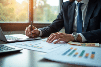 Professionnel analysant des documents immobiliers et financiers