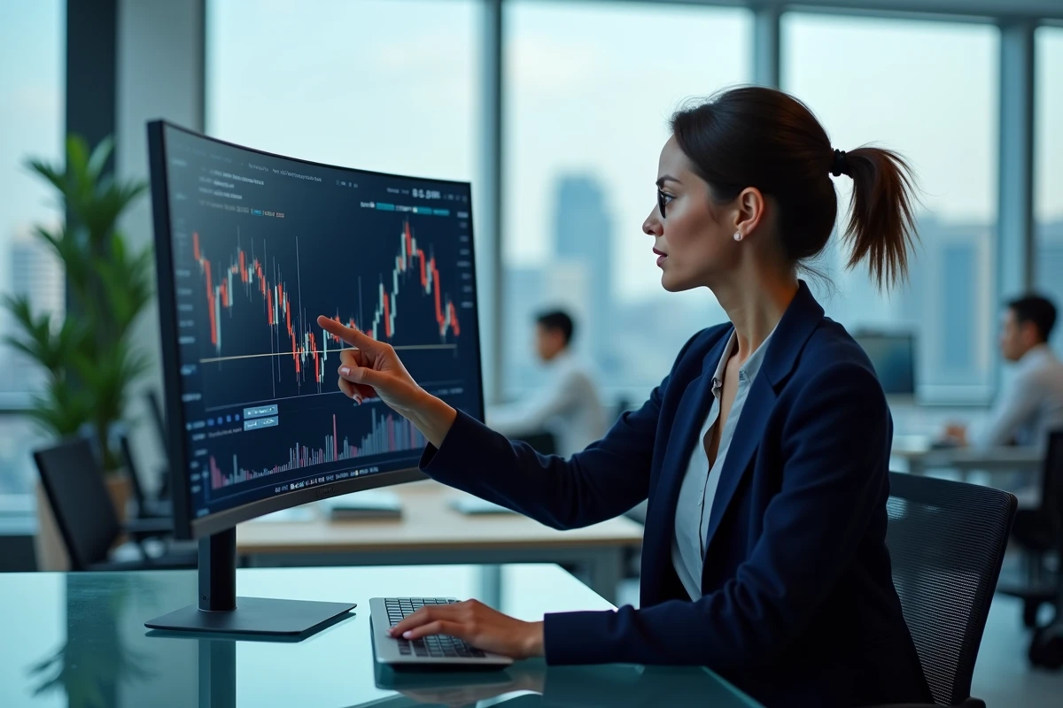 Analyste financière suivant la cotation en temps réel d'ArcelorMittal dans un bureau de trading moderne avec vue sur la ville