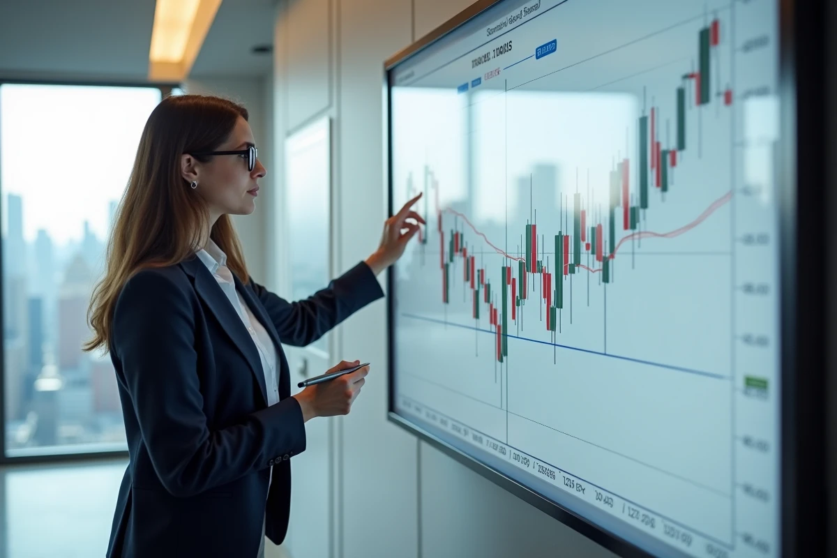 Analyste financière présentant un graphique double bottom lors d'une réunion stratégique dans une salle de conférence moderne