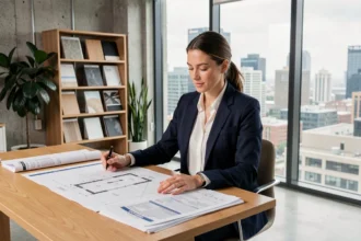 Architecte d'intérieur féminine examinant des documents d'assurance décennale dans son bureau moderne
