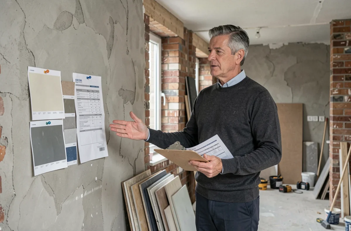 Architecte d'intérieur masculin sur un chantier de rénovation avec documents d'assurance décennale