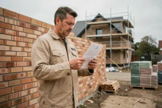 Artisan du bâtiment consultant un document de garantie décennale sur un chantier de construction résidentiel