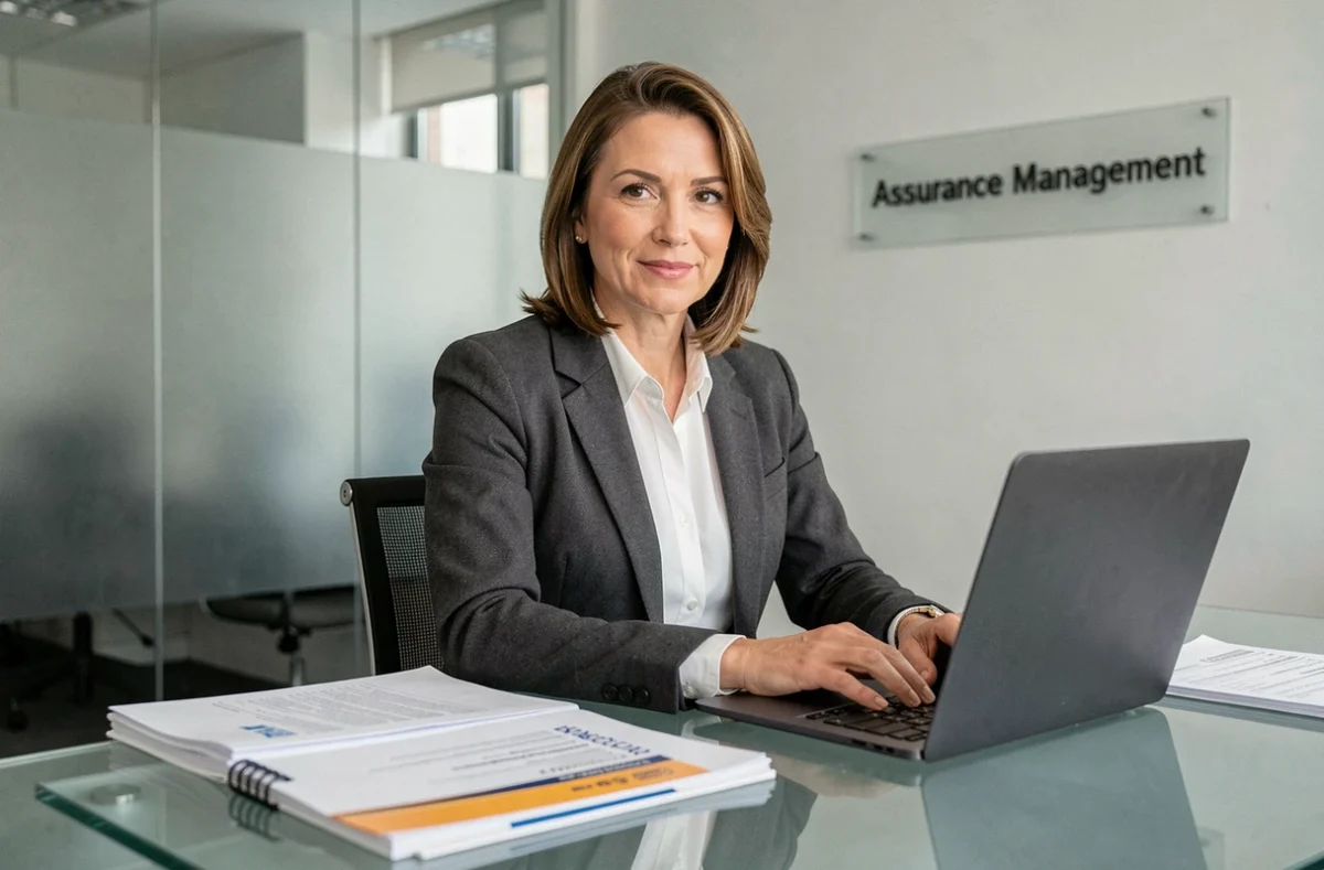 Une conseillère d'Assurance Management examine des dossiers d'assurance dans un bureau professionnel