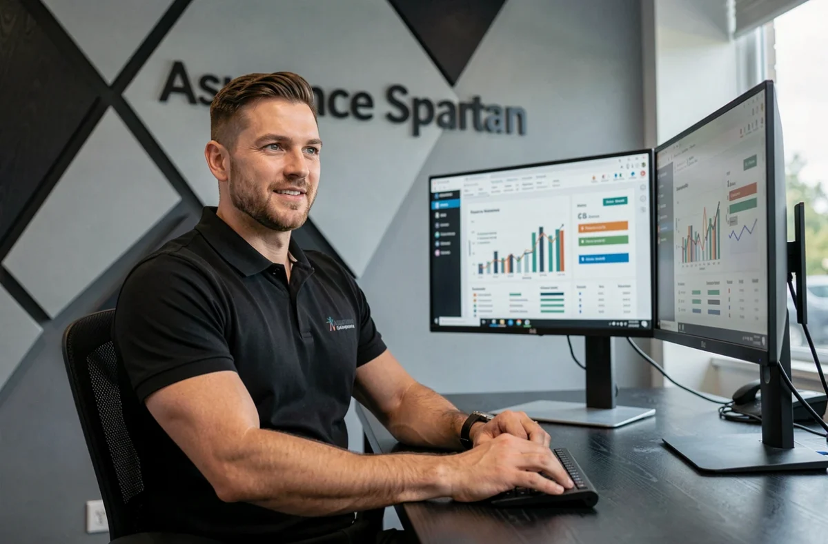 Un conseiller d'Assurance Spartan consulte des comparatifs d'assurance sur deux écrans dans un bureau moderne