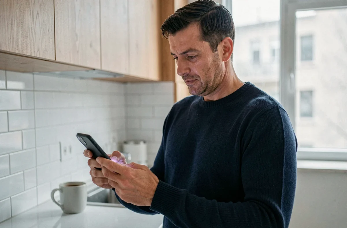 Homme consultant son compte Banque Chalus sur smartphone depuis sa cuisine
