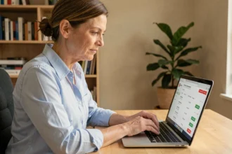 Femme utilisant son espace client Banque Chalus sur un ordinateur portable depuis son bureau à domicile