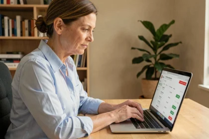 Femme utilisant son espace client Banque Chalus sur un ordinateur portable depuis son bureau à domicile