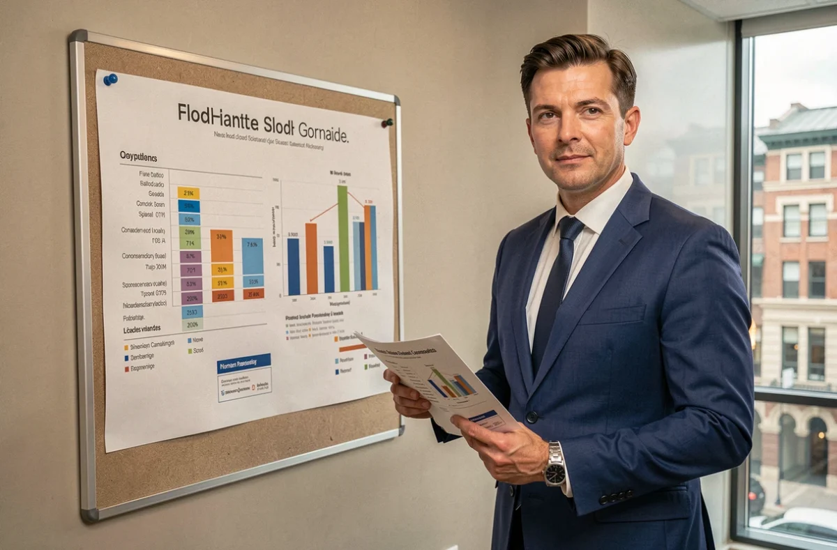 Conseiller financier de BP Finance présentant un portefeuille d'investissement dans un bureau professionnel avec vue sur la ville normande