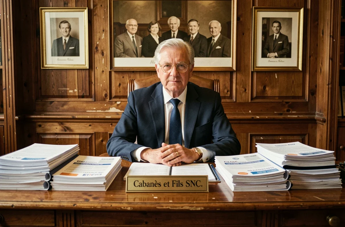 Le directeur de Cabanès et Fils SNC dans un bureau traditionnel entouré de dossiers d'assurance