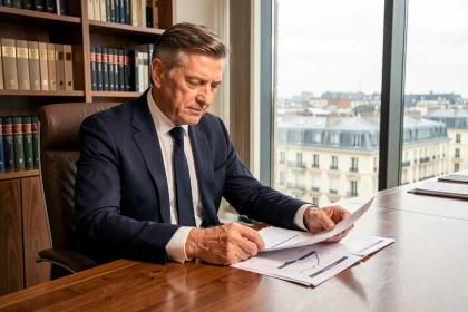 Cadre bancaire senior en costume marine examinant des documents financiers dans un bureau exécutif avec vue sur la ville