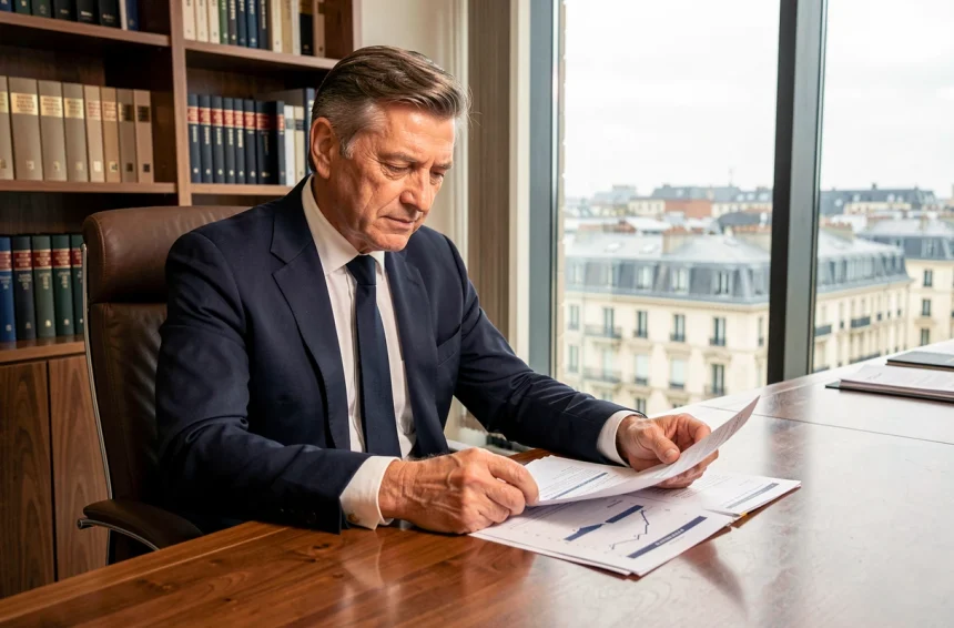 Cadre bancaire senior en costume marine examinant des documents financiers dans un bureau exécutif avec vue sur la ville