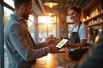 Café moderne avec paiement en crypto avec smartphone