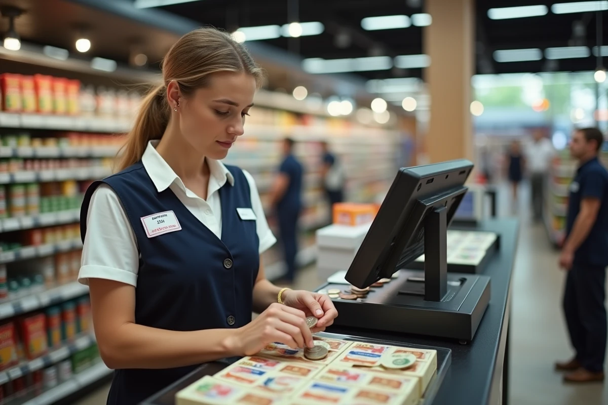 Caissière belge comptant des pièces et billets au supermarché