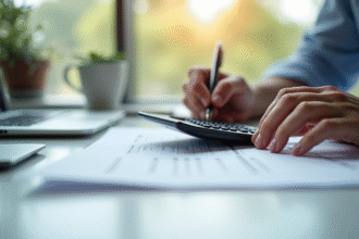Main utilisant une calculatrice pour la déclaration d'impots