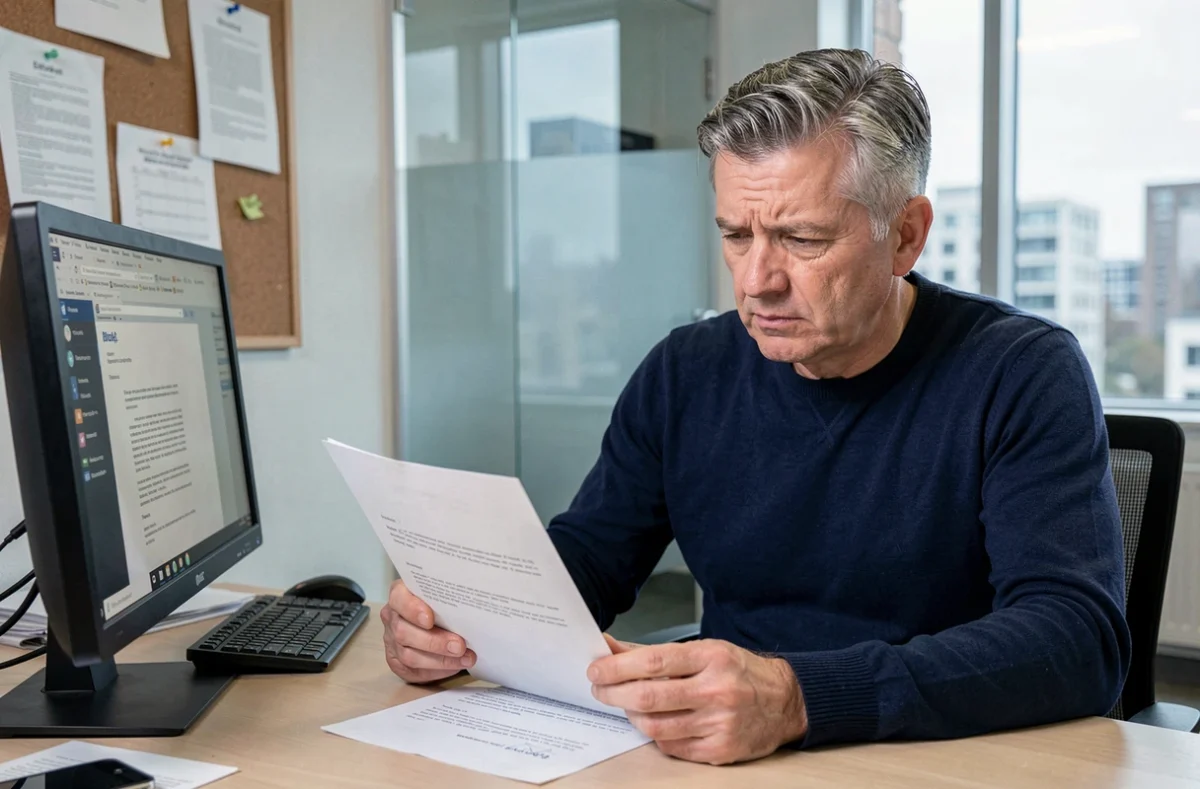 Homme comparant un courrier officiel Carpimko avec son compte en ligne pour détecter une éventuelle arnaque ou fraude