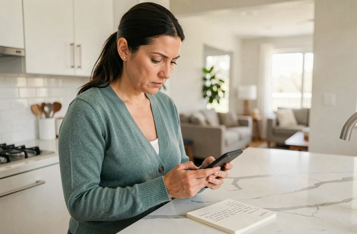 Femme vérifiant l'authentification de son compte Carpimko sur smartphone depuis chez elle, stylo et notes de sécurité à portée de main
