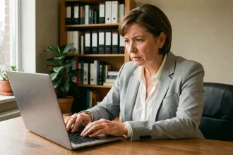 Femme consultant son espace personnel Carpimko sur un ordinateur portable dans un bureau à domicile, vérifiant la sécurité de ses données professionnelles