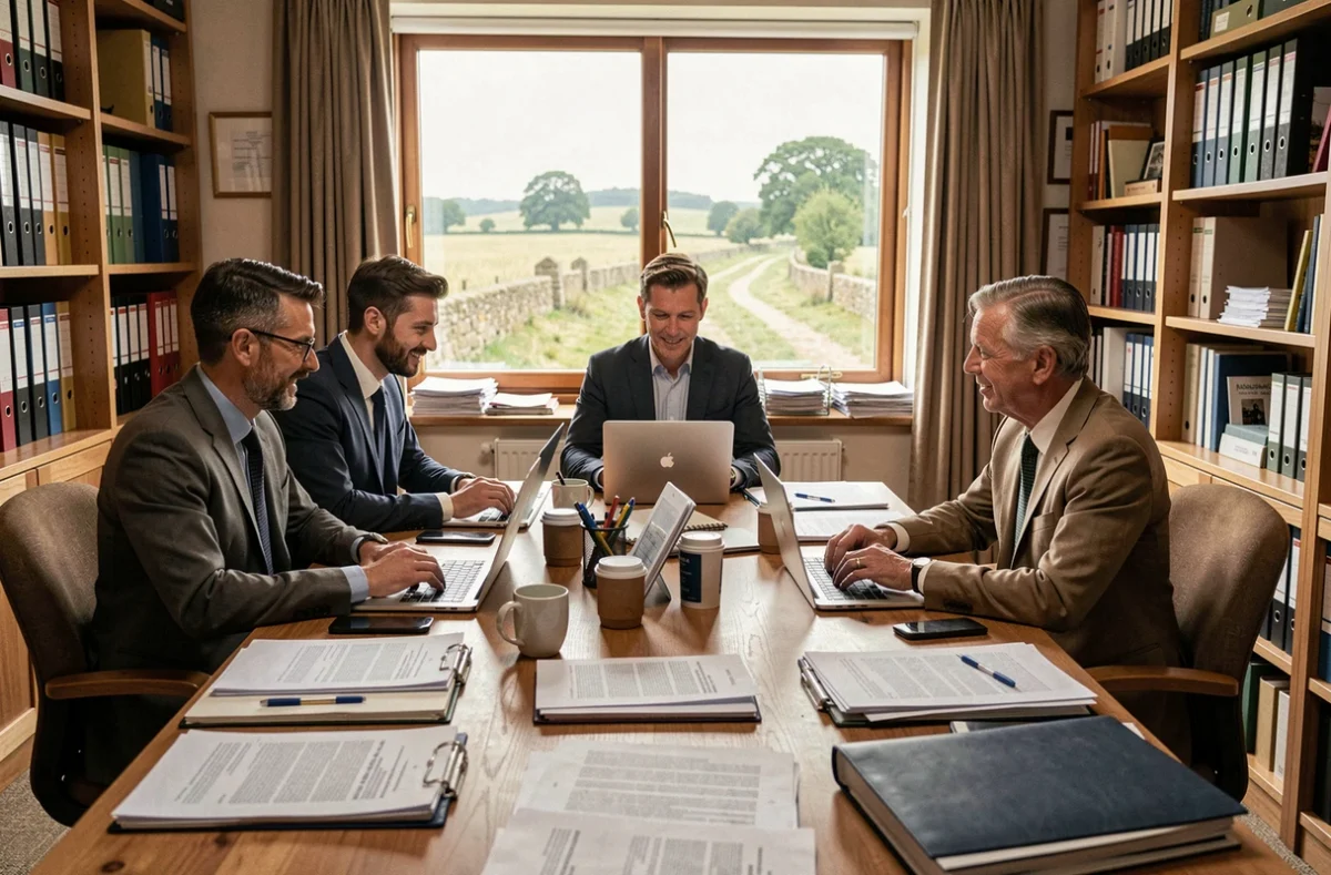 Équipe de comptables de Cerfrance Normandie Ouest collaborant autour de dossiers d'audit dans un bureau régional