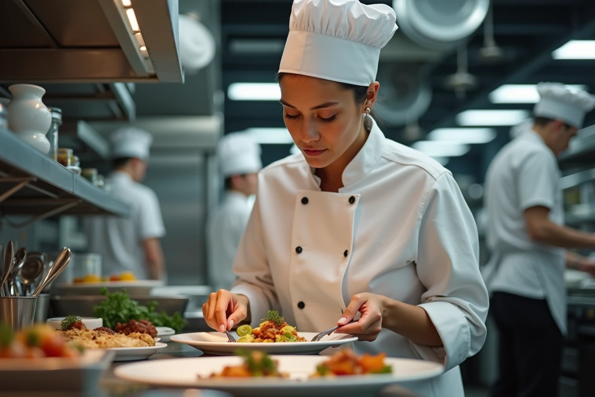 Chef en cuisine en train de dresser un plat dans une cuisine professionnelle
