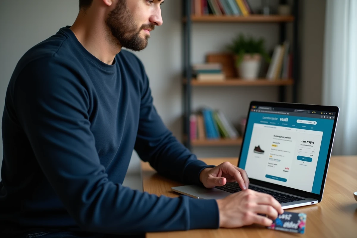 Homme utilisant un chèque Kadéos Infini pour un achat en ligne sur le site d'une enseigne partenaire