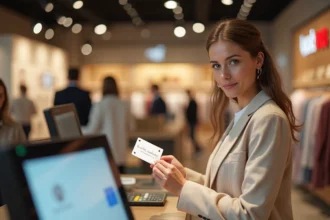 Femme utilisant un chèque Kadéos Infini à la caisse d'une enseigne partenaire en centre commercial
