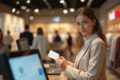 Femme utilisant un chèque Kadéos Infini à la caisse d'une enseigne partenaire en centre commercial