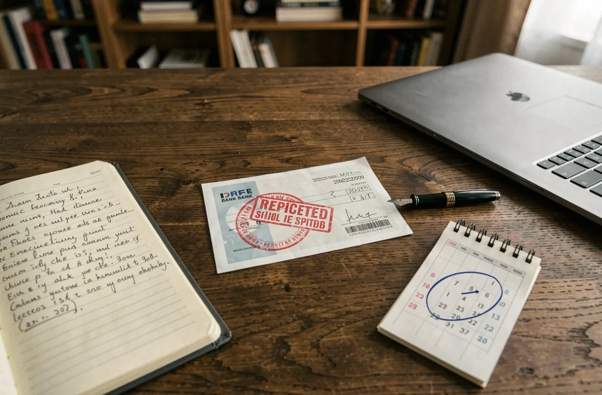 Chèque rejeté tamponné rouge sur un bureau avec un calendrier et des notes financières illustrant l'interdit bancaire