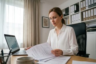 Une femme analyse des documents de crédit à la consommation sur un bureau, comparant les taux TAEG et les conditions de remboursement