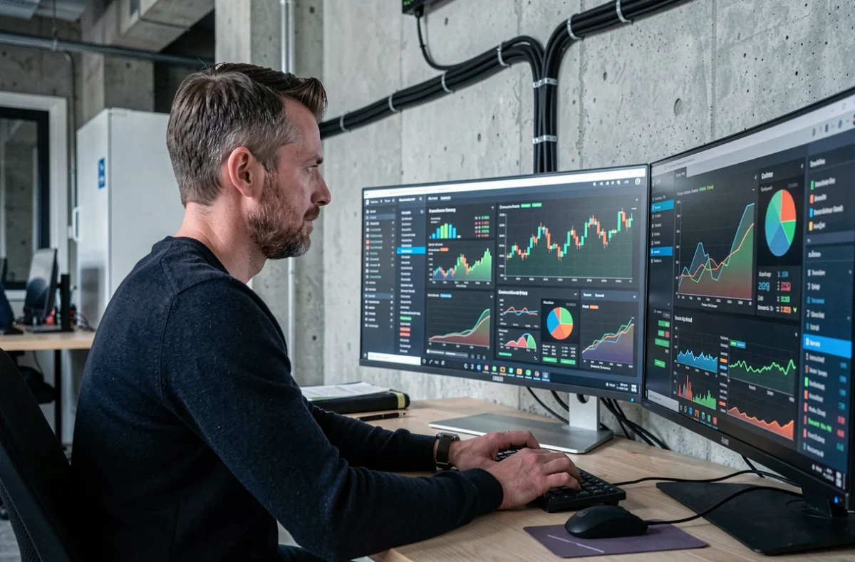 Analyste de Cognitys travaillant sur des tableaux de bord d'analyse fiscale dans un bureau moderne aux murs en béton