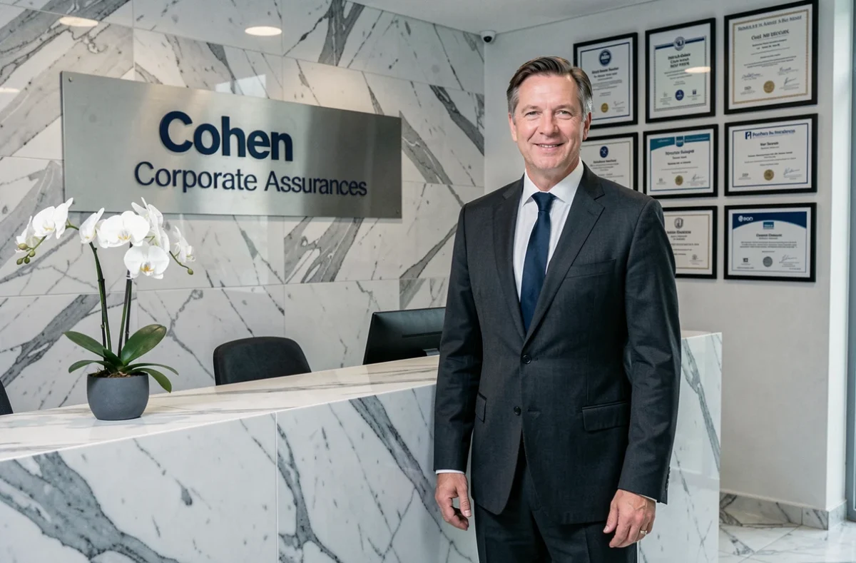 Un courtier de Cohen Corporate Assurances accueille des clients dans une réception élégante