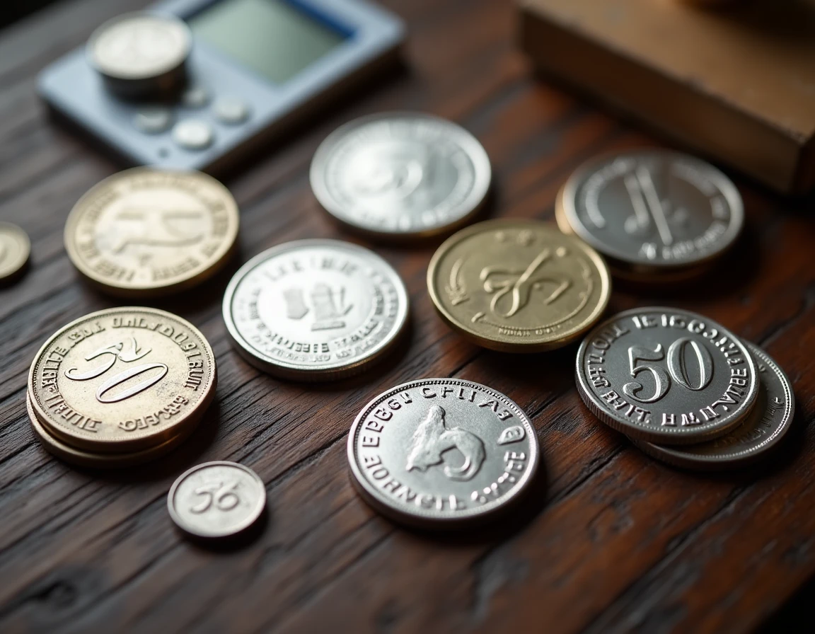 Collection de pièces de 50 francs en argent avec différents états de conservation comparés sur un bureau en bois avec balance de précision