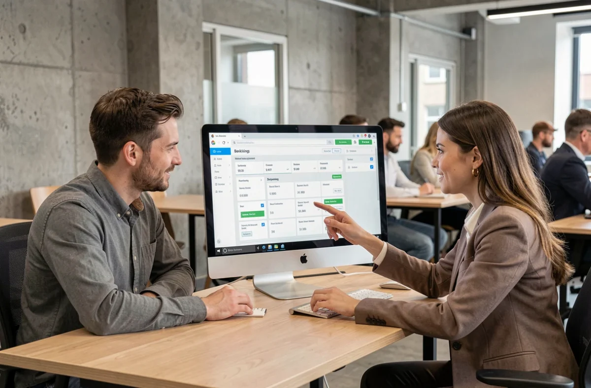 Deux collègues en open space consultant ensemble les services d'une banque en ligne sur un écran d'ordinateur