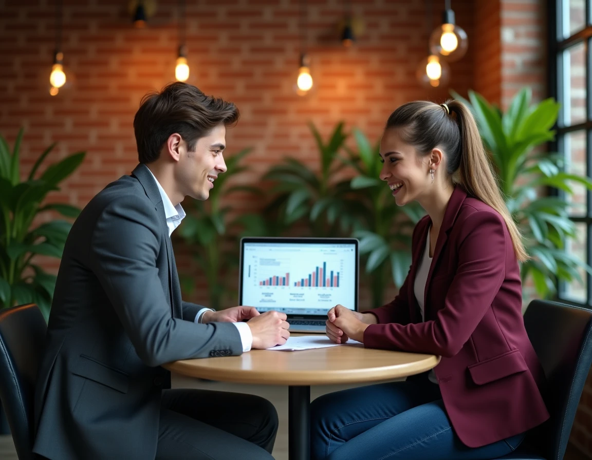 Deux collègues comparant des données salariales sur un ordinateur portable dans un espace de coworking moderne