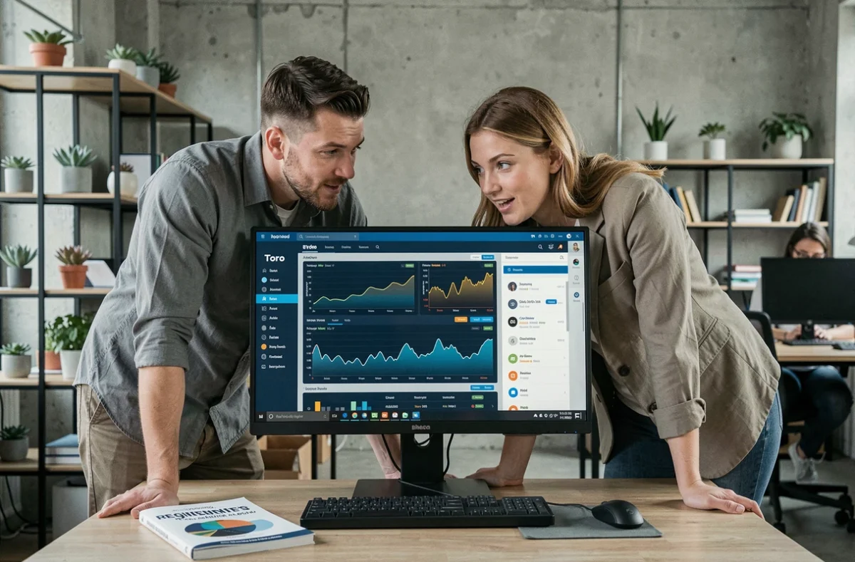 Deux collègues découvrant ensemble le guide des cryptomonnaies eToro sur un écran dans un espace de coworking moderne