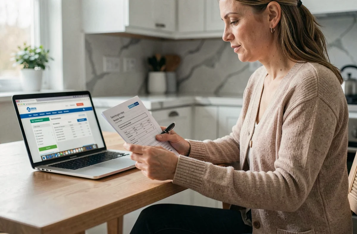 Femme comparant des offres d'assurance voiture en ligne depuis son domicile avec un courtier