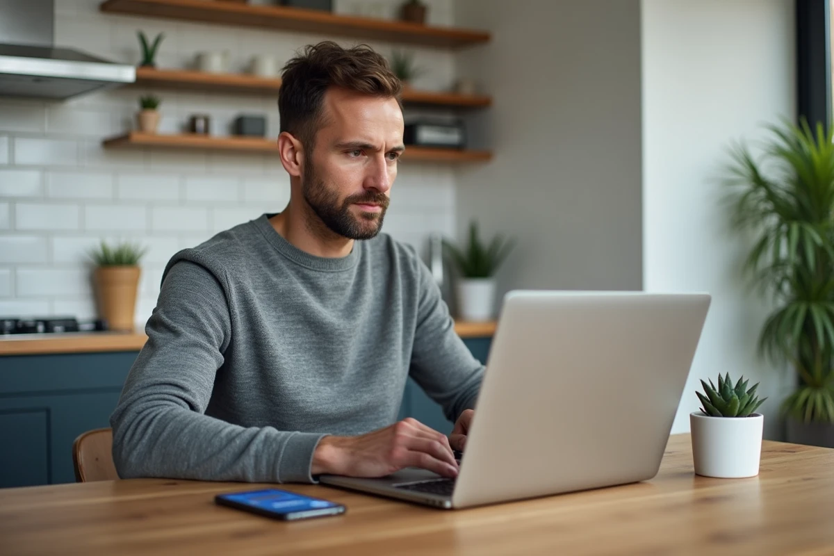 Homme comparant les offres de banque en ligne et du Crédit Agricole Nord Midi-Pyrénées sur un ordinateur portable à domicile