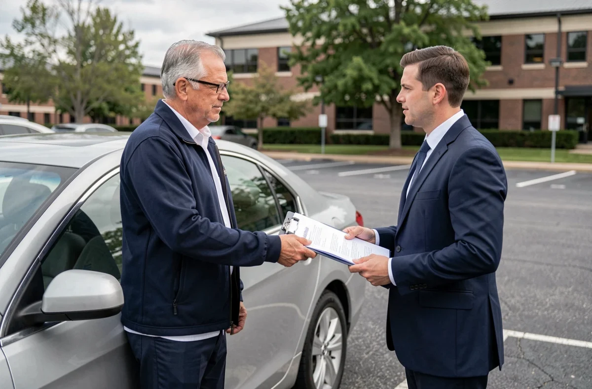 Conducteur remettant des documents de résiliation à un agent d'assurance près de sa voiture