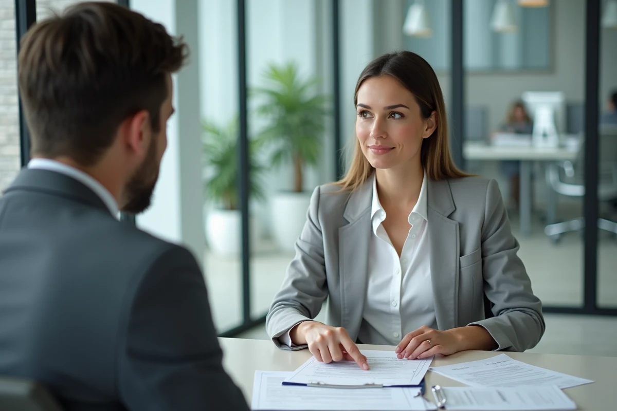 Femme en blazer gris consultant un conseiller fiscal sur la déclaration de revenus case 2BH dans un bureau professionnel moderne