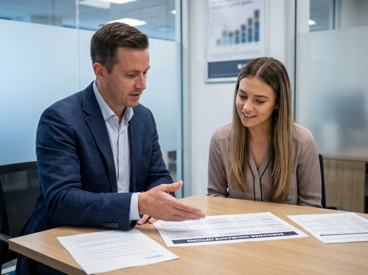 Conseiller bancaire présentant des options d'assurance emprunteur à une cliente dans une agence