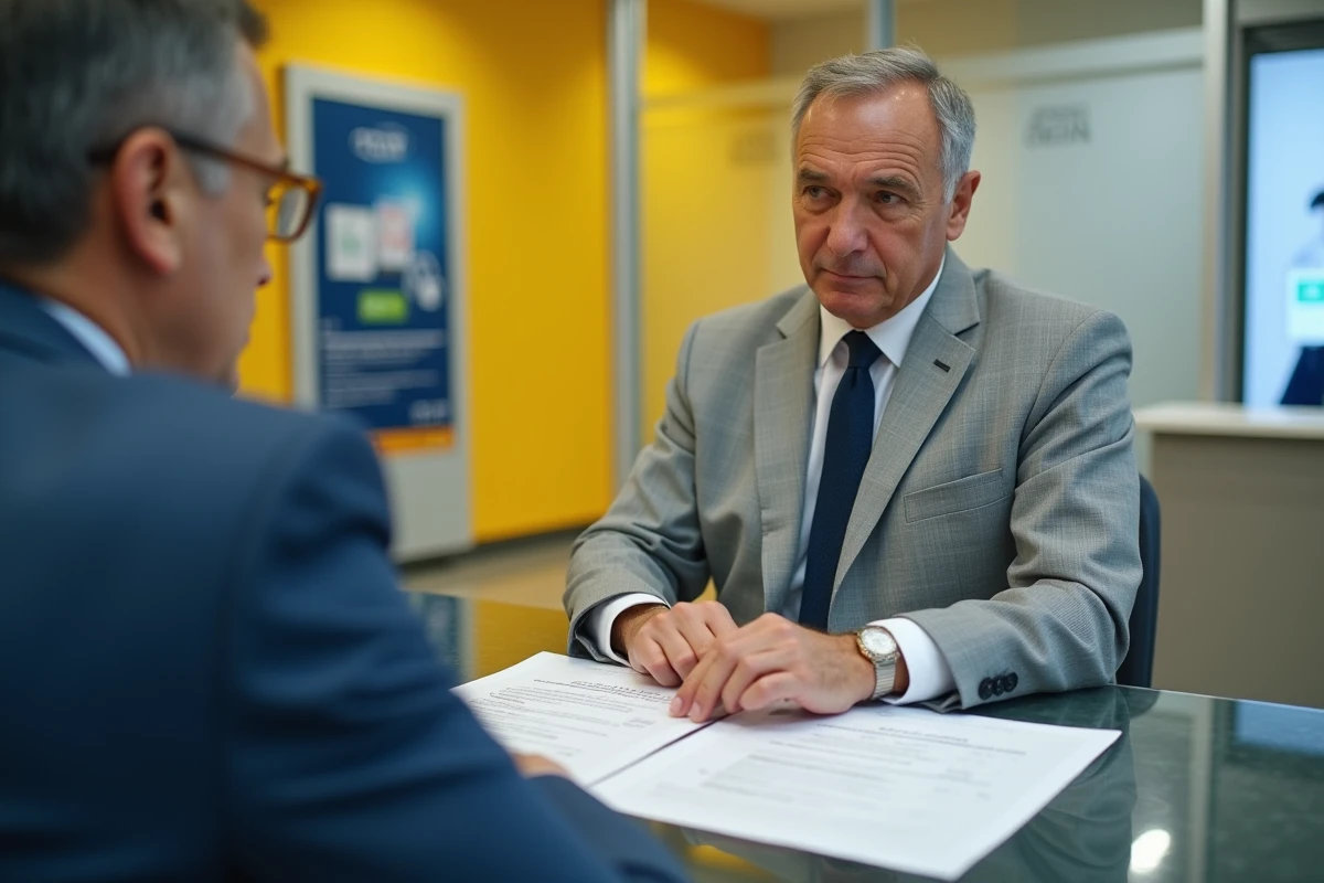 Conseiller financier de la Banque Postale expliquant les termes d'un contrat d'assurance vie à un client dans une agence postale française