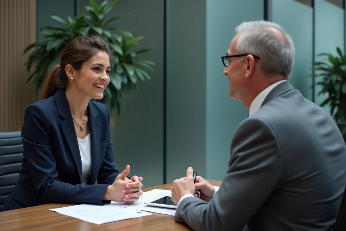 Femme discutant du partage d'accès bancaire avec un conseiller en banque privée dans un bureau professionnel discret