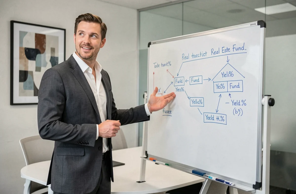 Conseiller financier expliquant les avantages et inconvénients des SCPI devant un tableau blanc en salle de réunion