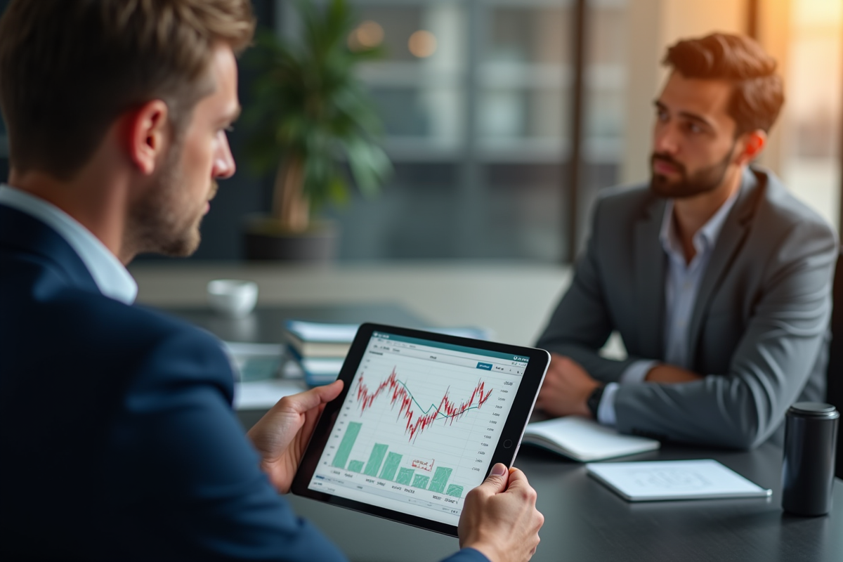Conseiller financier expliquant un graphique de credit en bureau