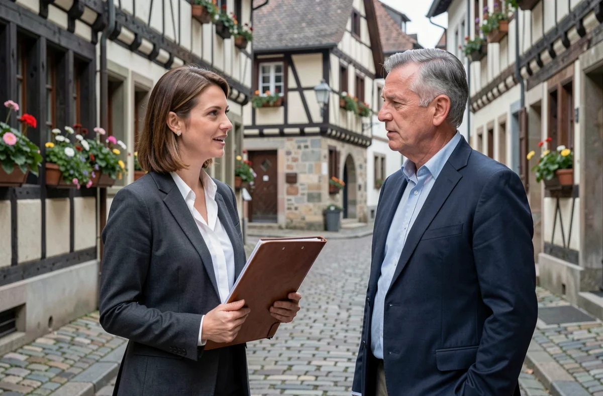 Conseillère en assurance discutant avec un client dans une rue historique alsacienne du Haut-Rhin, architecture typique à colombages
