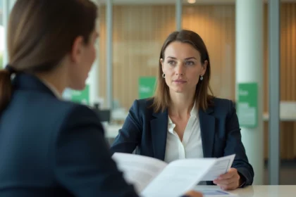 Femme consultant un conseiller bancaire dans une agence Crédit Agricole pour choisir entre banque traditionnelle et banque en ligne